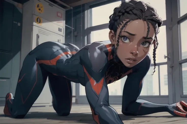 a 20 year old african american woman, beautiful detailed face, detailed eyes, long eyelashes, detailed lips, perfect hourglass figure, detailed braided hairstyle, on all fours, on the floor, all fours pose, scared facial expression, wearing spiderman suit ...