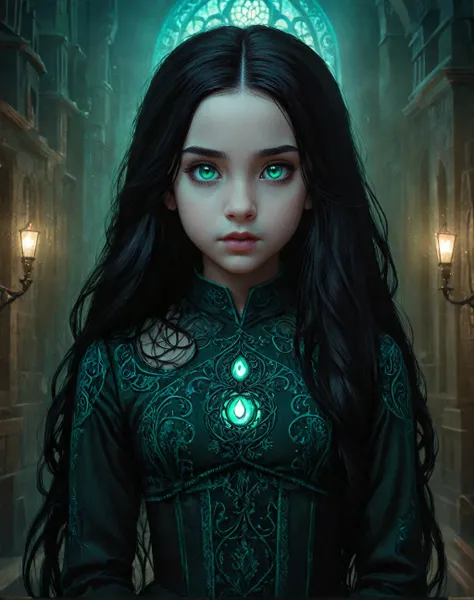 illustration of 11 years old daughter of severus snape, ,long black hair, (intricate details), (****), eldritch, (nightmare), green, (teal:1.1), (black:0.9), insane, horror (theme), glow, glowing eyes
