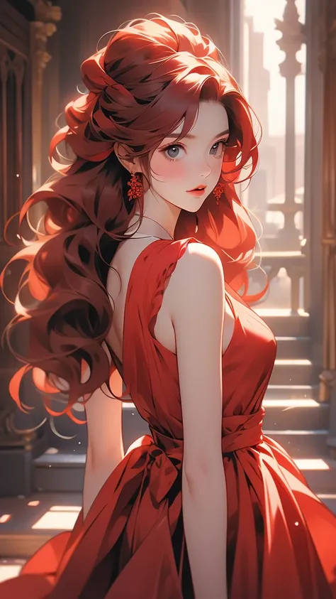 woman in a red dress wearing a red headband in a building, 1girl, solo, dress, red hair, red dress, long hair