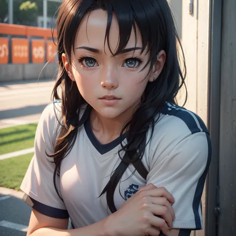 a soccer player in anime style,1 person,detailed face,beautiful eyes,detailed facial features,dynamic pose,action scene,vibrant colors,cinematic lighting,dramatic shadows,photorealistic,8k,high quality,masterpiece