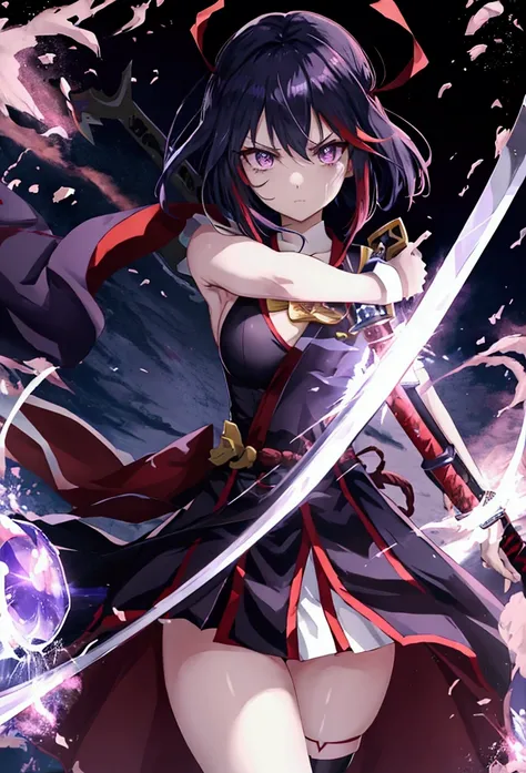 anime girl with purple eyes holding a sword and a bloody sword, must tear from the overlord, 坏蛋动漫8 K, Will destroy the Bloodfallen, Ryuko Matoi, attractive matoi ryuko, portrait dark yandere gapmoe, Impacto de Ayaka Genshin, anime monster girl, dark yander...