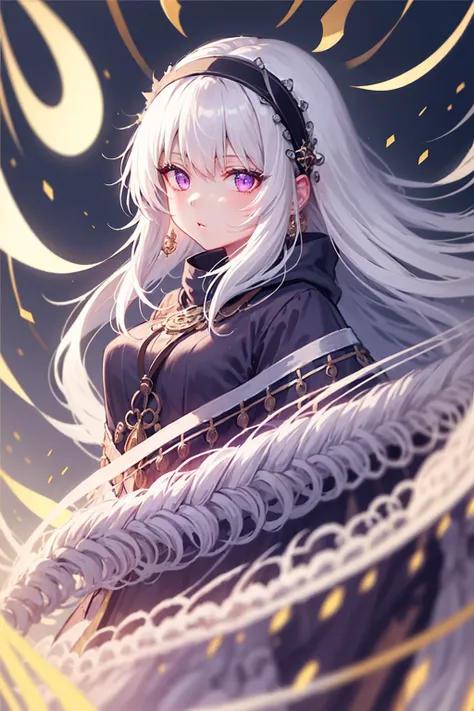 1 girl,unique,long hair,facing the camera,bangs,clothing,ribbon,jewelry,purple eyes,headband,whole body,white hair,earrings,open...