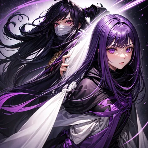 Cloak: Long with a dominant dark purple color, has black accents and an elegant design. Covers most of the face with a dark design and often has purple or black elements.Hair: purple with shades of purple or dark purple, medium length,long, slightly curly....