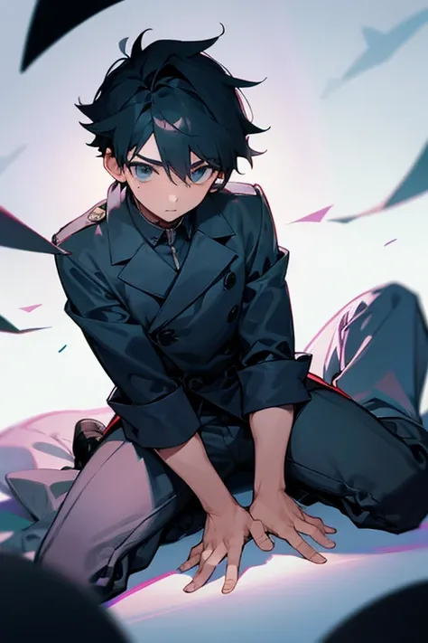 A boy,put his hands between his legs