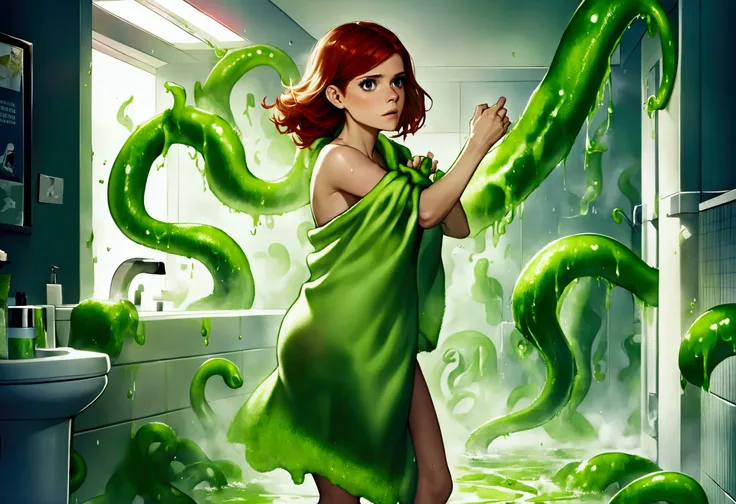 Kate Mara, age 25, dressed in a bath towel, is fleeing from her bathroom which is filling with translucent green slime that is extending slime tentacles at Kate
