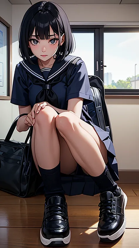 
Beautiful attention to detail, Beautiful lip detail, Very detailed目と顔, Long eyelashes, 1 girl, Face close-up, inside the School, In the classroom, 18-year-old, Sweat, Dark skin, (Black short bob),dissatisfaction, Sulky, Sailor suit, Dark Blue, White shirt...