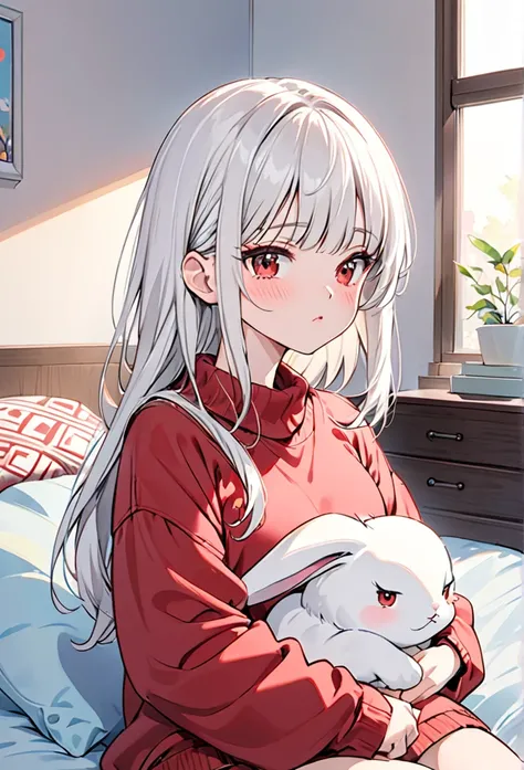 {{upper body}} 1girl, shy and pouty female, white hair hair, straight hair, waist length hair, straight bangs, big doe red eyes, pouty lips, oversized sweater, skirt, white rabbit on lap, bedroom, modern, good quality, pov.