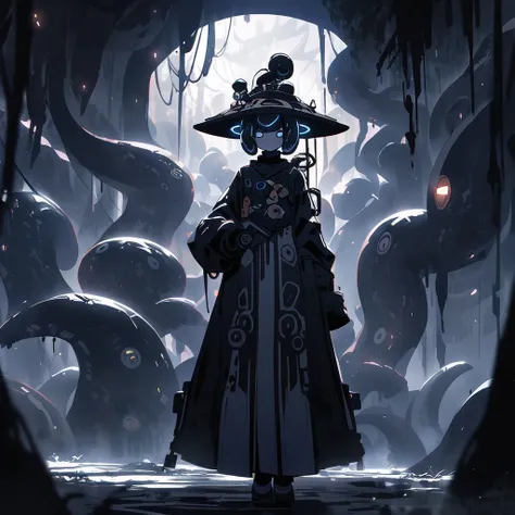 (dark biopunk art), (tentacle biopunk atmosphere), (gloomy biopunk girl), dark biopunk girl, pale skin, tall biopunk hat, long clothes, beacon environment, (dark lighting), many shadows, cold lights, biopunk