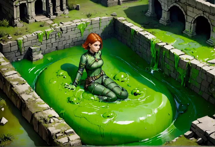 A 25-year-old woman named Kate Mara, wearing a sexy adventurer outfit, has fallen into an ancient ruins slime pit trap, causing a big splash and covering her in slime. Something vicious lurks within the slime.