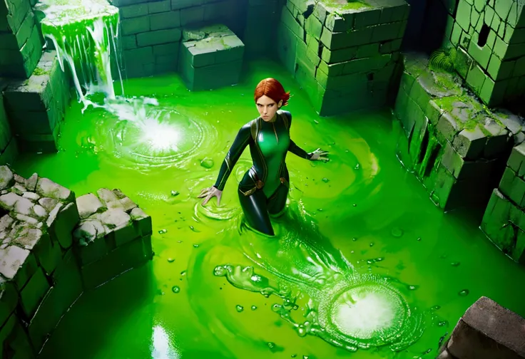 A 25-year-old woman named Kate Mara, wearing a sexy adventurer outfit, has fallen into an ancient ruins slime pit trap, causing a big splash and covering her in slime. Something vicious lurks within the slime.