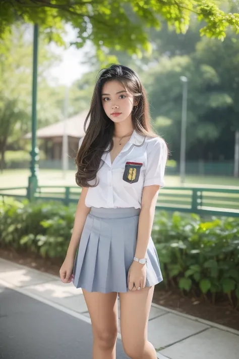 1girl, 15 years old, indonesian women (uniform_doodle), standing, outdoors, detailed face, detailed eyes, huge breasts, open cleavage, tight shorts grey skirt, white stocking, open legs, indonesian face, indonesian hight school, looking at the audience,(8k...