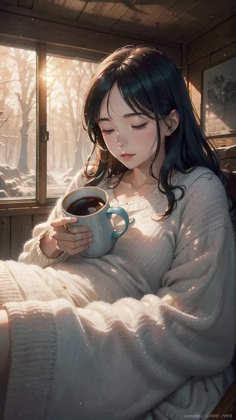 In the soft morning light of winter, a couple sits bathed in sunlight outside their rustic forest house. The man and woman, both bundled in cozy sweaters and sipping steaming mugs of coffee, are surrounded by a serene wilderness. The scene captures a peace...