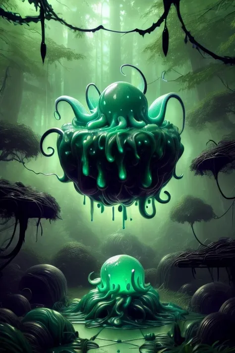 slime monster, amorphous slime of monstrous colors ,slime creature with tentacles and many mouths, shub-niggurath , in the middl...