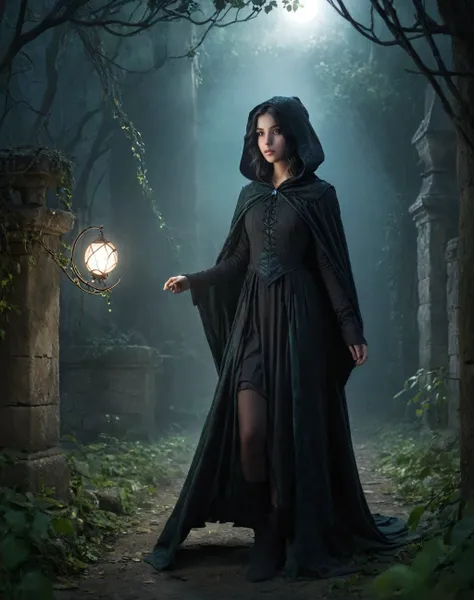 (((masterpiece)))((intricate detail))((8k UHD resolution))((full body shot))  illustration of 11 years old daughter of severus snape, of a girl in a dark hooded cloak, ,long black hair, (intricate details) , green eyes , standing in a dim, shadowy environm...