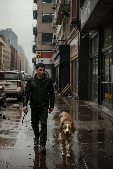 Tom and his dog walk into a ruined city in the setting of new york city in a gloomy and rainy sky.