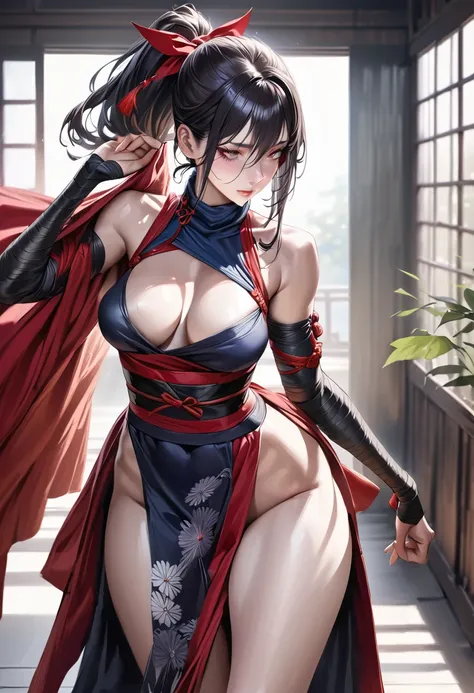 masterpiece, Highest quality, (Realistic, One girl, alone, Beautiful Face, Detailed face, Beautiful Eyes), (chest), Thighs, Long Hair,  ponytail, 巨大なchestには, red, Ninja, Ninja Artist, Exposing shoulders, Elbow hand pockets, skirt curtain, Hand fan, fan