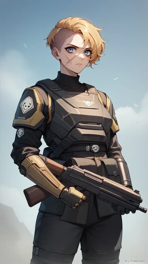 37 year old Female commander helldiver without helmet, golden hair, in pixie cut blue eyes, scar over her left eye, horribly burned right side of her face. Prosthetic Arm, holding a shotgun. 