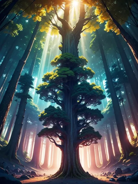 mysteriousな超巨大なトンネルの中に森がある，Giant Tree Forest，There is a huge tree，Different world，new world，universe，There is a road in the middle of the forest，Different world，The sunlight from the sun shines on the earth，Colorful，Best Quality，8k，mysteriouultidimensional...