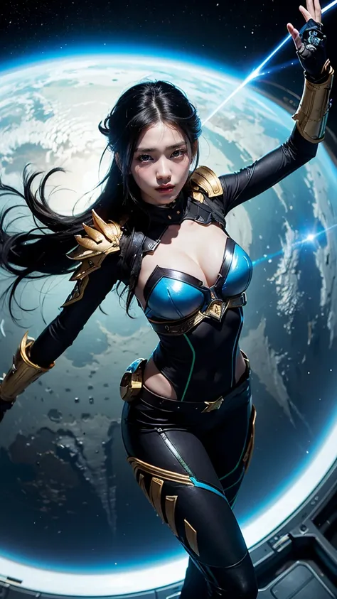 Odyssey Jinx from League of Legends by Riot Games: Jinx in her Odyssey skin,massive k-cups, featuring a sci-fi space pirate aesthetic with futuristic armor and glowing blue accents, wreaking havoc in a zero-gravity environment, firing her laser-infused wea...