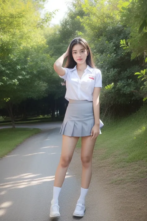 1girl, 15 years old, indonesian women (uniform_doodle), standing, outdoors, detailed face, detailed eyes, huge breasts, open cleavage, tight shorts grey skirt, white stockings, open legs, indonesian face, indonesian hight school, looking at the audience,(8...