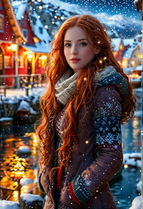 (full body shot:1.1) photorealistic image of a (standing pose:1.1) woman, ultra realistic, photography, long red hair, girl, 24 years old, hourglass figure, perfect body, Flirty look, natural medium breasts, blur background, in the harbor of a small snowy ...