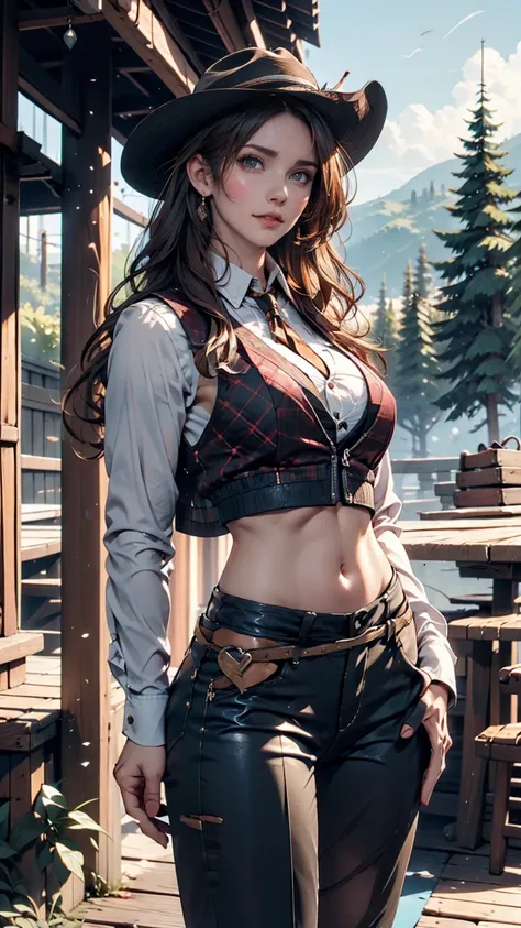 Attractive woman [Gunman:Bounty Hunter:0.4] Standing in the End Wilderness (Glitch Wave Style:1) 、Fringed waistcoat、Cowboy hat、Cowboy boots、Large breasts、Narrow waist