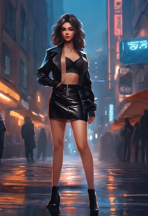 Anime girl standing on city street in leather skirt and black erotic lingerie, Ilya Kuvshinov de cabelos compridos, Arte estilo Guviz, Anime Art Wallpaper 8K, Guvitz at Pisif Art Station, Guwiz at Pisiv art station, arte de anime cyberpunk