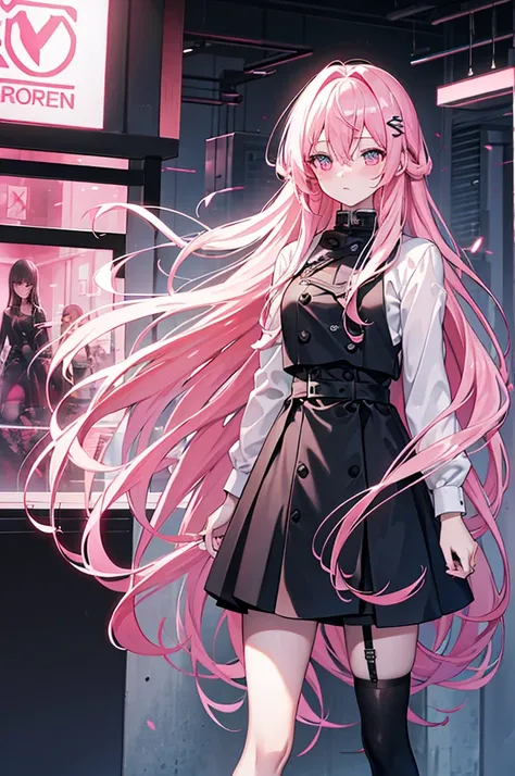 very long pink hair,,Single Side Lock Hairpin Blush Modern Lighting,Ray Tracing,Projection wide angle lens UHD,Textured Skin,High Detail,Best image quality 4K,Black jacket,White shirt,Black dress with pink train