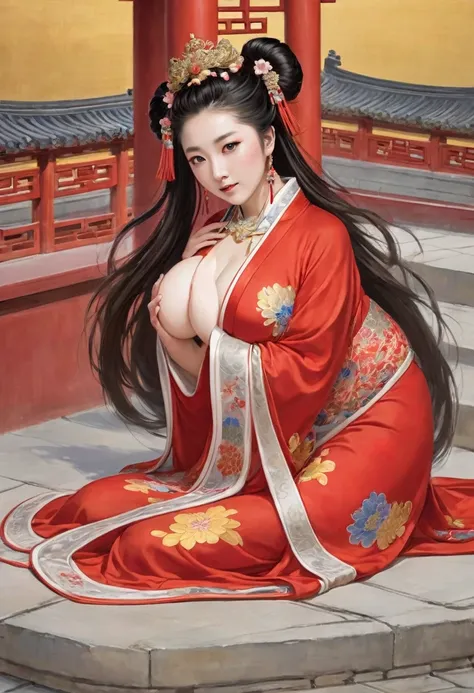 The Empress is standing naked, wearing a red Hanfu draped over her shoulders and no underwear, revealing her large breasts, hairy lower abdomen, and pubic hair.、
Her hair is tied up and pulled up with a gorgeous flower ornament on both sides.、The backgroun...