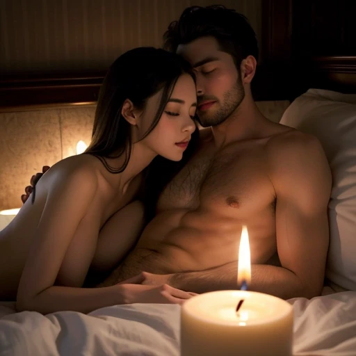 (best quality, height, Portrait), passionate, young man kissing woman, lips touching, Hug tightly, blushing intensely, Close your eyes, bed, night time, Light a candle,Increase sexiness,naked,full body shot