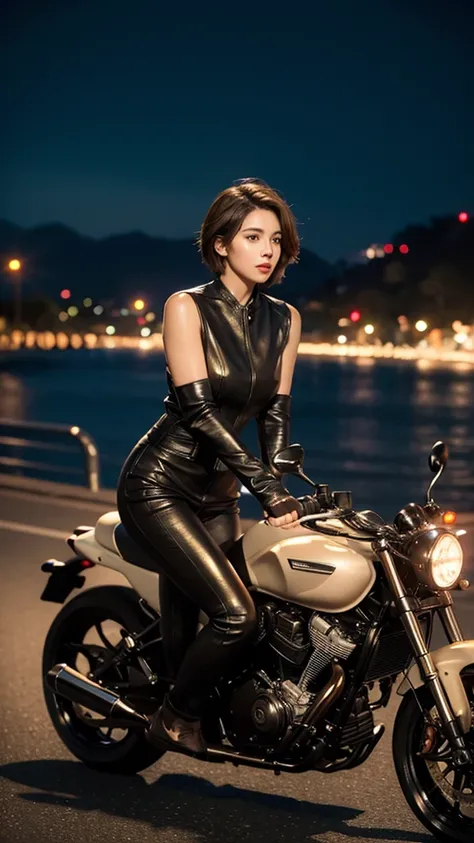 cinematographic frame, highly detailed, night, girl wearing leather on a motorcycle, bare face, light brown hair, incredibly beautiful woman, Photorealistic, glossy lips, shap focus, full body, short hair