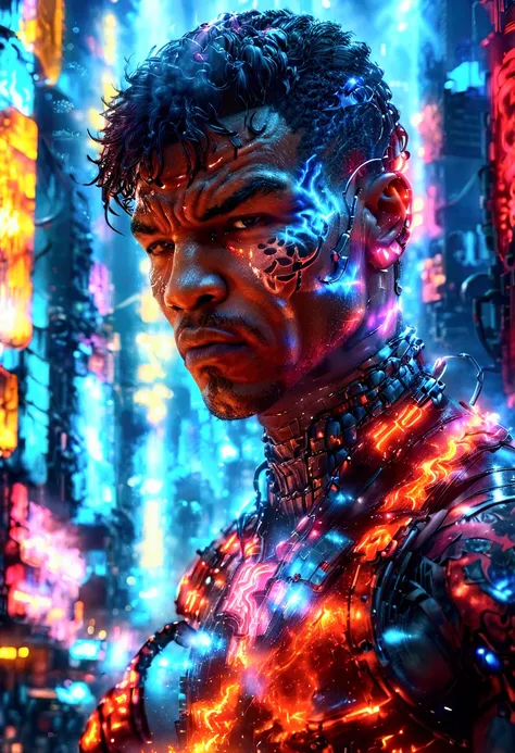 a cyberpunk cyborg mike tyson standing in his famous fighting pose, fierce determined expression, body enhanced with intricate r...