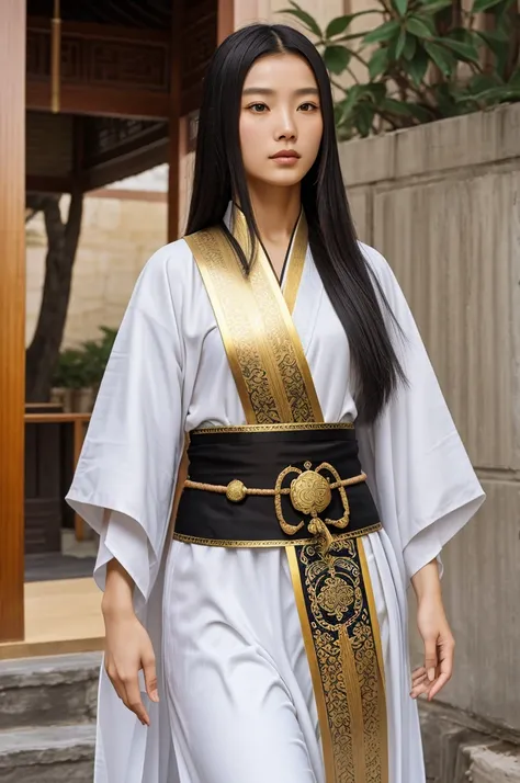 A Daoist named Hao Zhe 
In white daoist robe with light gold patterns.
A sword on waist and black long hair

