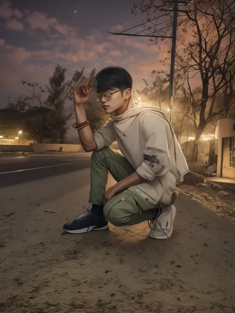 RAW photo, a portrait photo of 21 y.o man in casual clothes, night, city street, (high detailed skin:1.2), 8k uhd, dslr, soft lighting, high quality, film grain, Fujifilm XT3