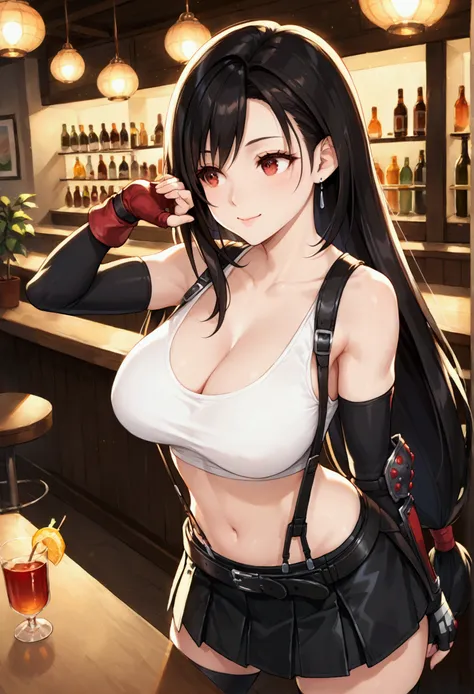 (score_9, score_8_up, score_7_up), BREAK  (masterpeace),(best quality),(aesthetic,very aesthetic),1girl, tifa lockhart, final fantasy,(beautiful). black hair, low-tied long hair, red eyes, bangs, white tank top,gap, belt, pleated skirt, thighhighs, elbow f...