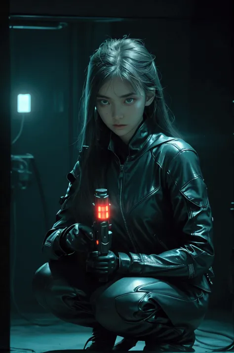 (grainy:0.5), cinematic,girl, space, Serious, delicate eyes, Detailed face, Detailed futuristic clothing, lights on clothes, (aim gun:1.1), (hide:1.1), (Squat, looking aside:1.1), Volumetric lighting, isolation, fear, dark lights, Red bioluminescent detail...