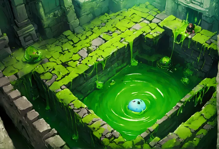 A 25-year-old woman named Kate Mara, wearing a sexy adventurer outfit, has fallen into an ancient ruins slime pit trap, causing a big splash and covering her in slime. Something vicious lurks within the slime.