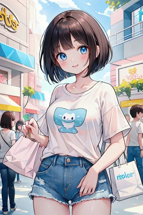 Photorealistic、Highest quality、Highest Resolution、Highest quality、８Ｋ、One beautiful woman、Cute face、Bob cut hair、Dark Hair Color、Pale blue eyes、Beautiful breasts、A cute light pink T-shirt、Light blue denim shorts、Shopping mall、looks fun、smile、