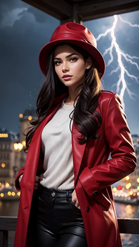 (realistic:0.2), anime illustration, 1girl,, red coat, big red hat, in paris france, sfw, black pants, black office shirt,, carmen sandiego,, blue sky,, long hair,, dramatic lightning, lights, epic lights, light on face, backlit, face light, lit face, fill...