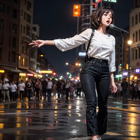 "Short-haired woman with brown bob hair, wearing a white shirt and wide-leg black jeans, singing with a microphone held high in the middle of a city street lined with buildings on a rainy night."