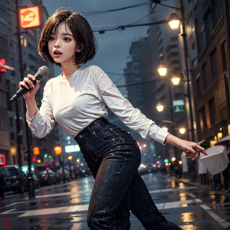 "Short-haired woman with brown bob hair, wearing a white shirt and wide-leg black jeans, singing with a microphone held high in the middle of a city street lined with buildings on a rainy night."