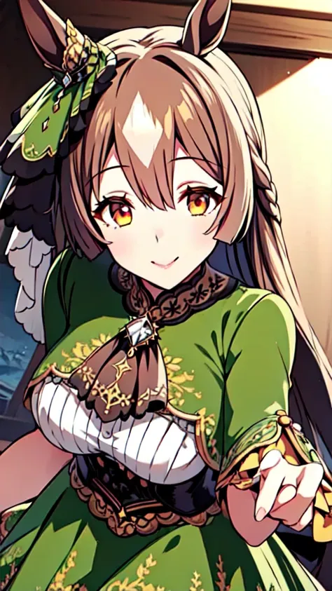 1girl, smile, green dress,, best quality, masterpiece, ultra detailed, illustration,