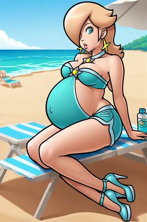 score_9, score_8_up, 1girl, solo, rosalina, style parody, thick outlines, bikini, shorts, pregnant belly, big belly, sleeveless,...