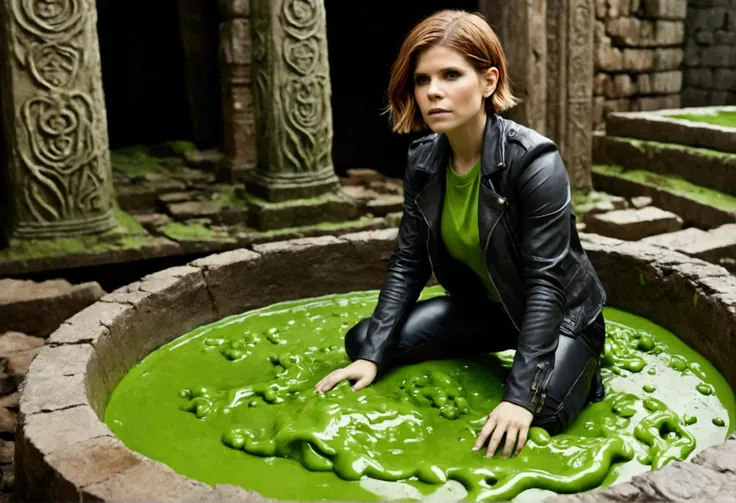 Kate Mara, age 25, adventurer sexy outfit, has fallen into a slime pit trap. ancient ruins, big splash. covered in slime. Something vicious lives in the slime
