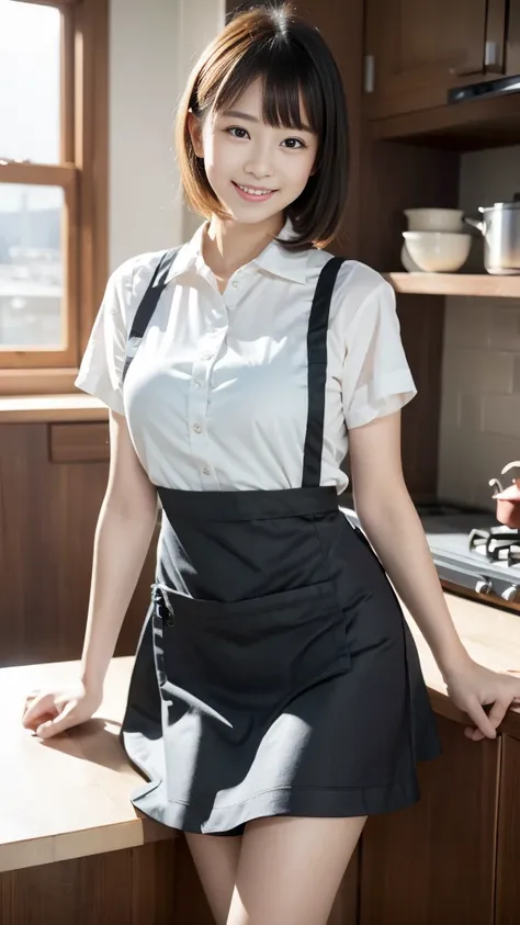 ((kitchen)),  Lewd smile、(Realistic、Realistic:1.37)、(masterpiece)、(Highest quality:1.4)、(Ultra-high resolution:1.2)、(RAW Photos:1.2)、(Sharp focus:1.3)、(stand:1.2)、elegant、(Whole Body Ezbian:1.2)、((apron)), (Girls in shirts and skirts:1.3)、bangs、((Homely)),...