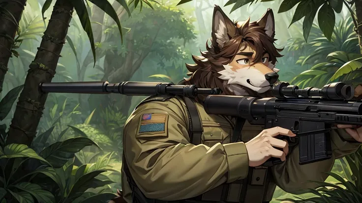 military uniform，rifle，jungle，Wolf，Men，robust，hairy，hairy的尾巴，big ear，Look forward，Perseverance，bust