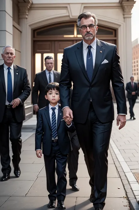 An American father and son attend the graduation ceremony，Behind them, there was an American Mafia man in a suit and tie, celebrating with them.，Celebrating moment，，American College gate in the background, Biographical films, Promotional image, High qualit...