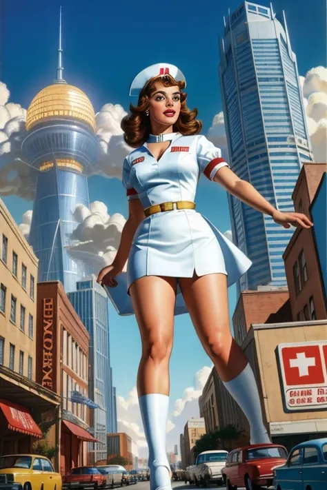 (Masterpiece, Best Quality), 8k Wallpaper, highly detailed, poster, vintage sci-fi film, 1960s, a magazine cover with sexy giant nurse towering over a tiny city, a portrait by Paul Kane, cinematic movie poster, perfect face, Attack of the 50 foot woman, gi...