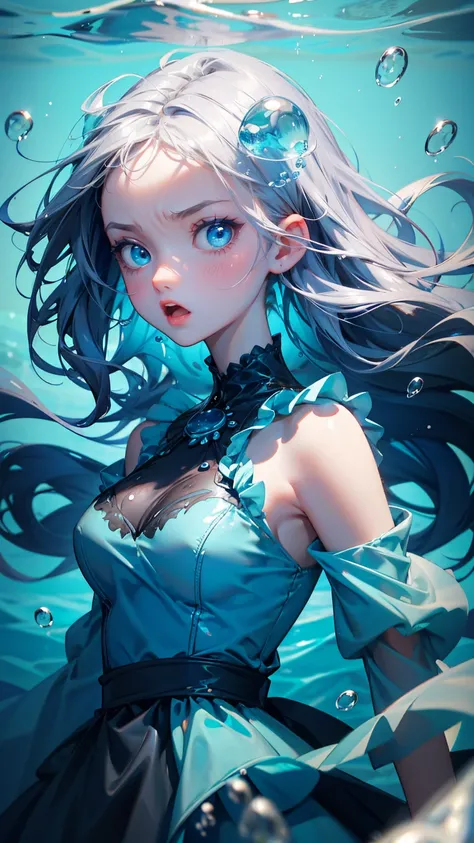 cute girl with angry emotions on face, blue dress, body stuck in sea, face out of sea, surrounded by water bubbles in the sea,. surrounded by bubbles. big eyes and wide open mouth, The background of gray gradient colors features large text "stuck transacti...