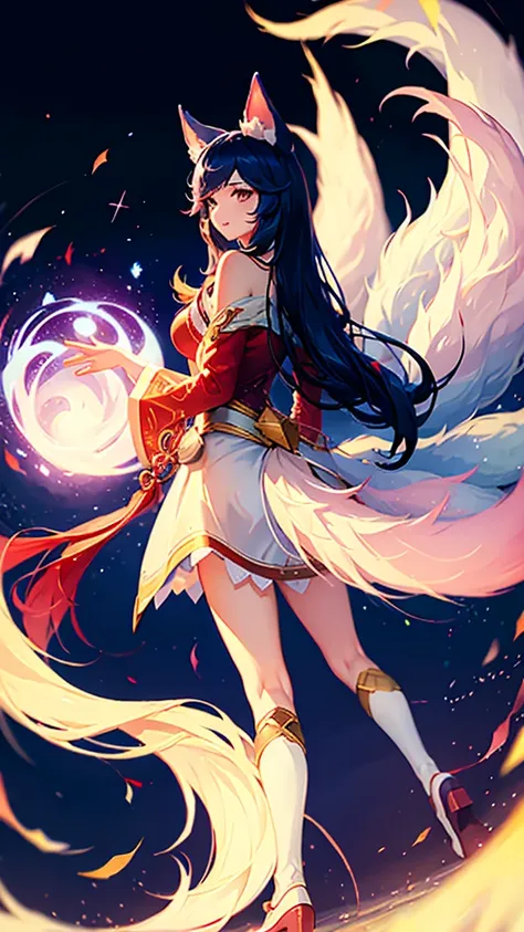 ahri, 9 massive white tails, detailed fluffy tails